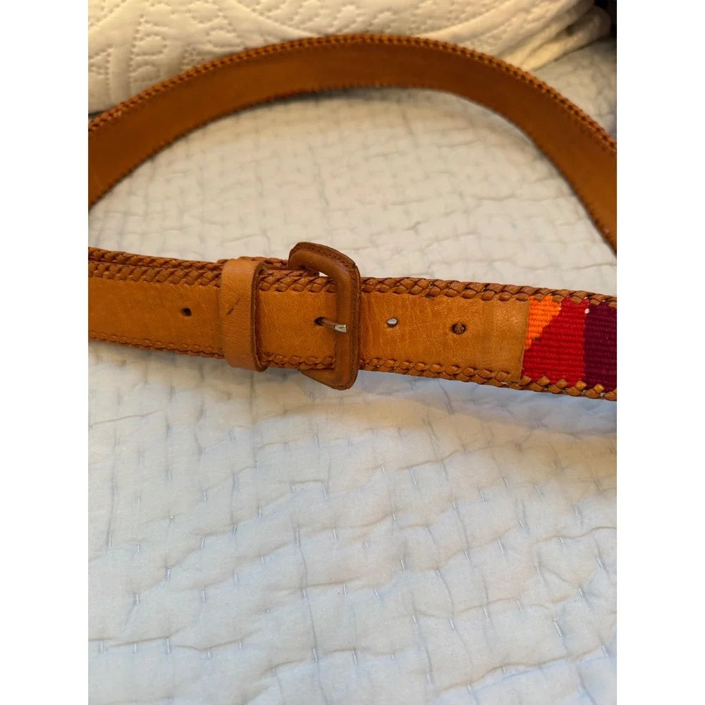 Artesania Leather Belt Woven Colorful Textile Whipstitch Boho Tan Size 38